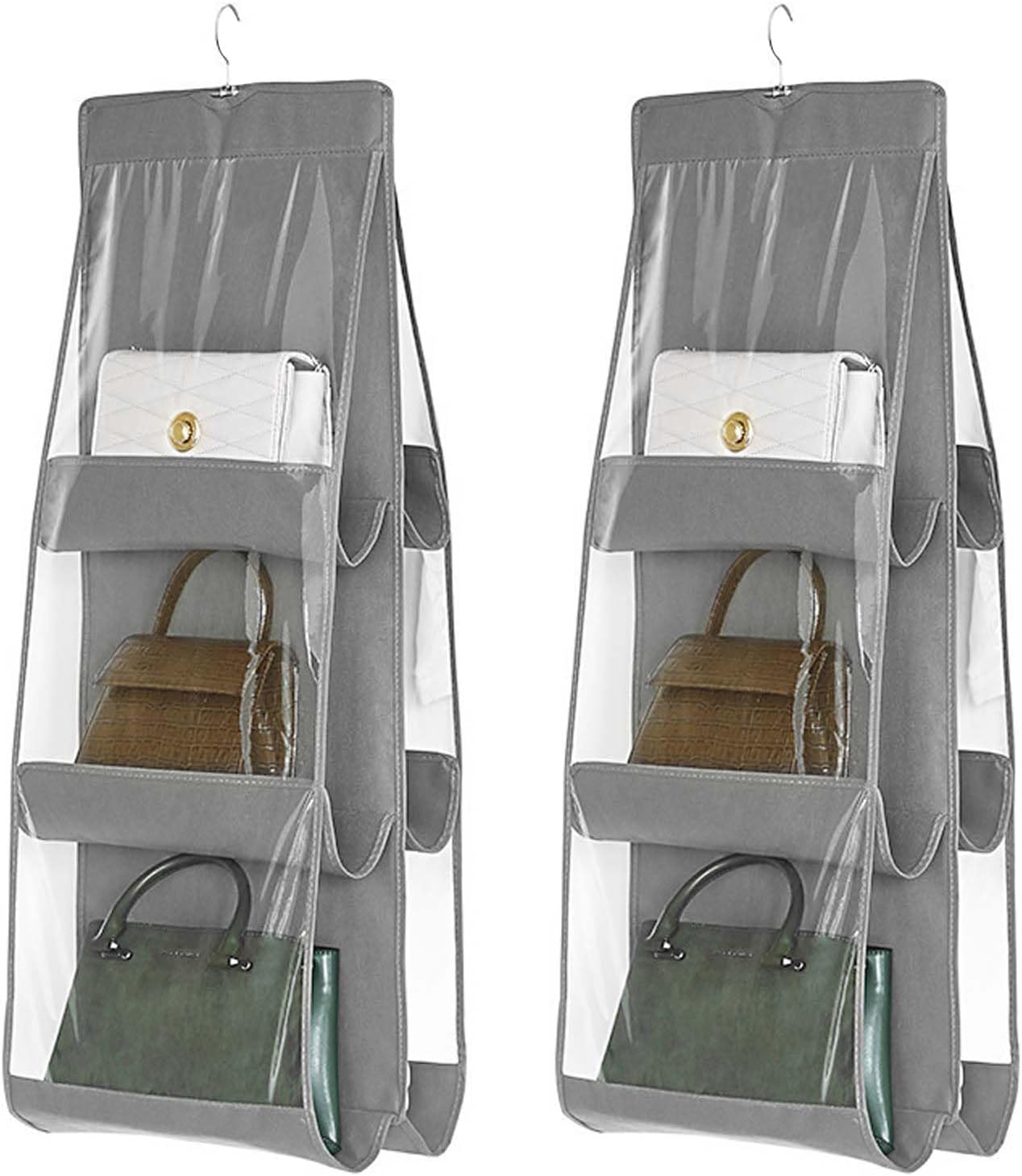 Hängender Handtaschen-organizer, 2 Faltbare Aufbewahrungstaschen Mit 6 Transparenten Fächern Für Kleiderschrank Und Ankleidezimmer (grau)