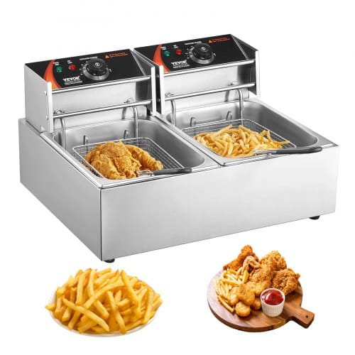 Vevor Elektrische Edelstahl Fritteuse 24 L, Doppelter Tank Fritteuse Maschine 1500 W + 1500 W, Inkl. 2 Frittierkörbe, 2 Abdeckungen, Kommerzielle Fritteuse Für Restaurants, Cafes, Imbissstuben Usw.