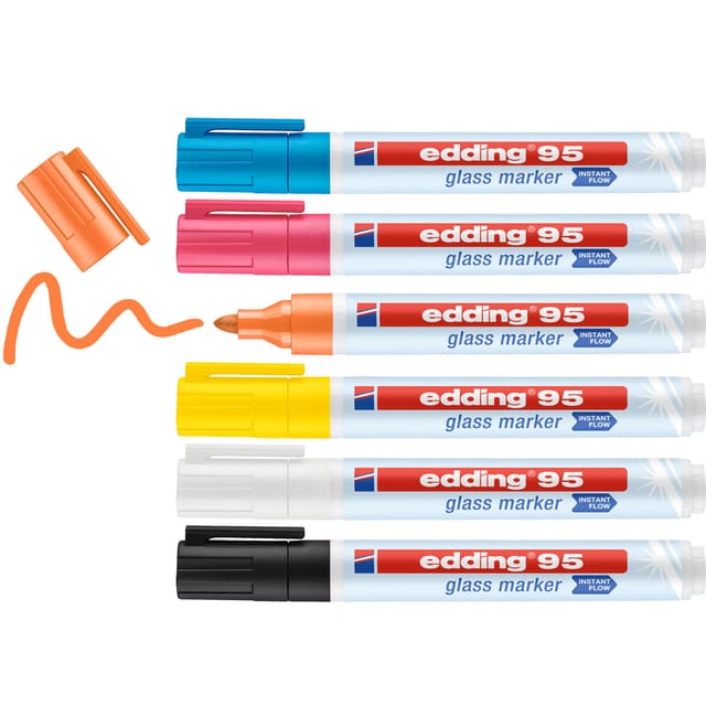 Glasmarker 95 schwarz/weiß/gelb/orange/pink/hellblau Strichbreite 1,5-3 mm Rundspitze
