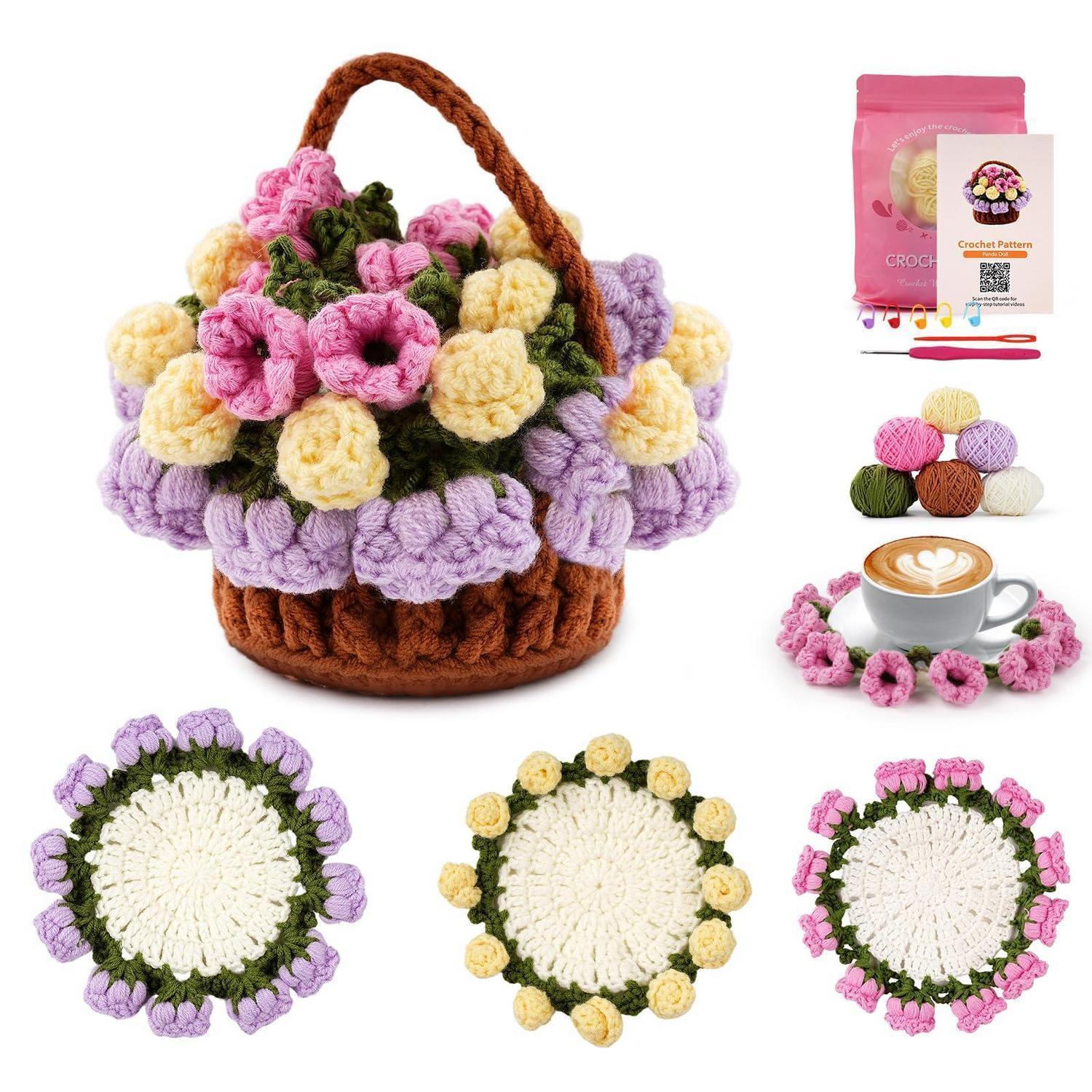 Häkelset Für Anfänger: 4 Untersetzer & Blumenkorb Mit Video-tutorials