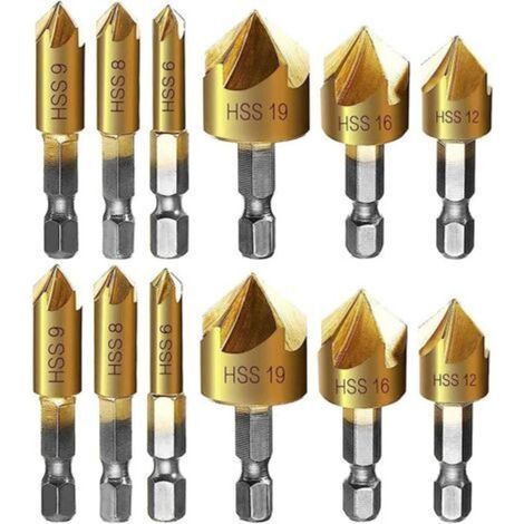 Fiyuer 12-teiliges Metall-anfaswerkzeug-set, Sechskantschaft, Selbstzentrierender Körner, Anfasbohrer Zum Senken, Kegelschneider, 6 Mm, 8 Mm, 9 Mm, 12 Mm, 16 Mm, 19 Mm