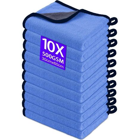 10 Mikrofasertücher Für Autos, 30 X 60 Cm, 500 G/m² Superabsorbierend, Für Autos, Motorräder Und Haushalt, Blau