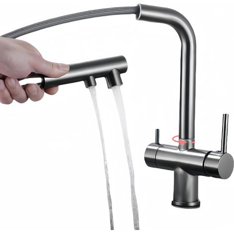 Dreiwege-küchenarmatur Mit Ausziehbarer Brause, 360° Schwenkbare Küchenarmatur, Armatur Mit Gefiltertem Wasserauslauf (grau)