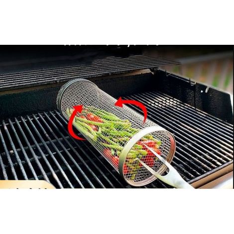 1 Stück 30 Cm Edelstahl-grillkorb Aus Drahtgeflecht, Runder Grillkäfig, Drehbare Trommel, Tragbarer Grillkorb Aus Drahtgeflecht