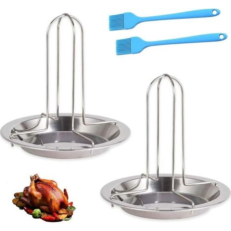 Set Mit 2 Hähnchenspießern Für Den Grill, Hähnchenspieß Aus Edelstahl Mit 2 Ölpinseln, Antihaftbeschichtete Pfannen Zum Braten Von Hähnchen Und Pute, Zum Backen Und Grillen