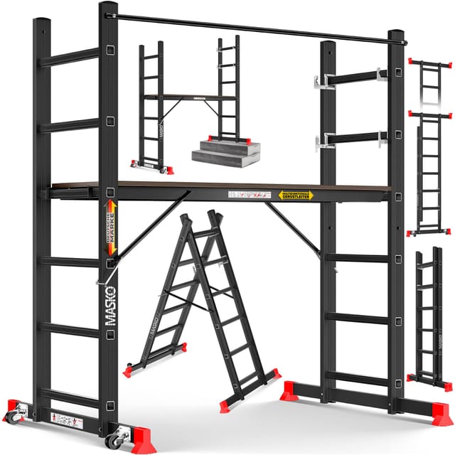 Masko® Baugerüst Alugerüst Gerüst Alu Leiter Arbeitsgerüst Arbeitsbühne bis 150 KG belastbar Anti-Rutsch beschichtet Gerüstleiter Schwarz