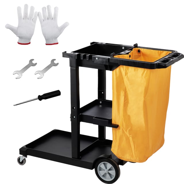 Mophorn - Reinigungswagen, Gewerblicher Hausmeisterwagen Mit 3 Ablagen, 90 Kg Tragkraft, Kunststoff-haushaltswagen Mit 75 Litern Pvc-beutel, 120 X 51 X 98 Cm, Gelb+schwarz