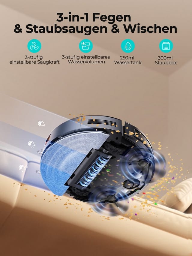 Airzeen Saugroboter R7, 3 in1 Roboterstaubsauger 3000Pa Starke Saugleistung Leiser Roboter-Staubsauger, App/WiFi, 150 Min Laufzeit