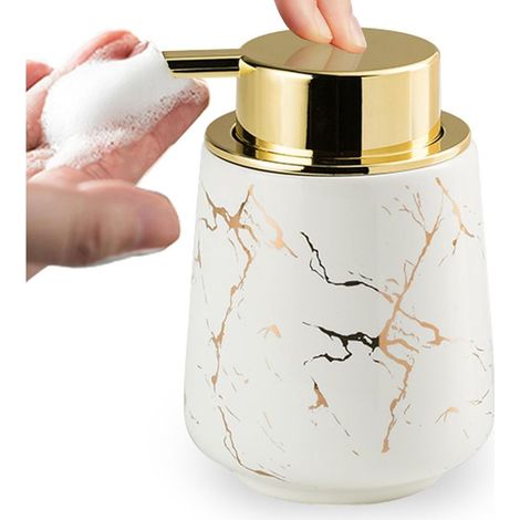 Weißer Keramik-schaumseifenspender, 380 Ml, Marmoroptik Mit Großem Pumpkopf, Nachfüllbarer Badezimmerspender Für Shampoo, Lotion Und Handseife