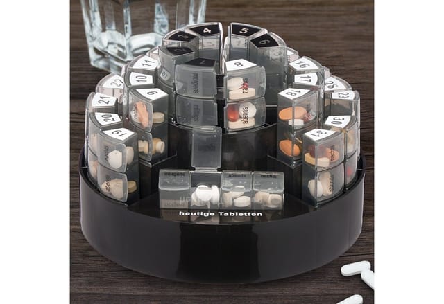 Relaxdays - Tablettenbox 31 Tage, 4 Fächer pro Tag, deutsche Beschriftung, BPA-freier Kunststoff, Medikamentenbox, schwarz