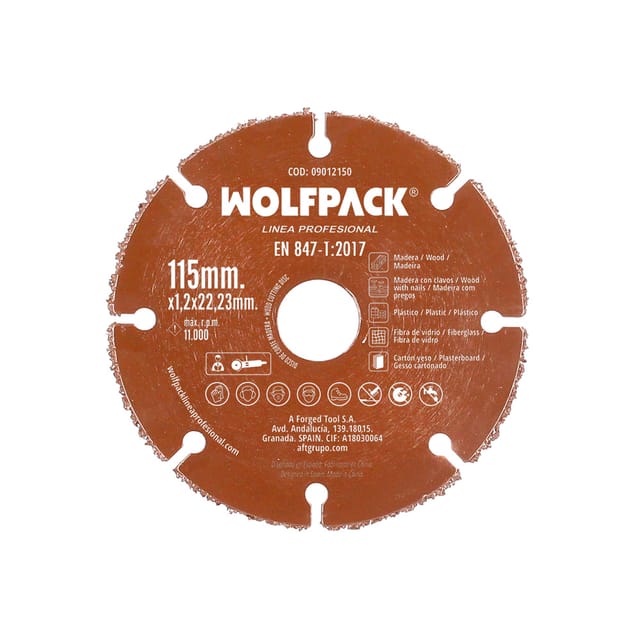 Wolfpack - linea profesional Holz/Kunststoff-Trennscheibe ø 115 mm. Schneidkante Carbid Wolframkarbid Wolframkarbid Wolframkarbid Wolframkarbid
