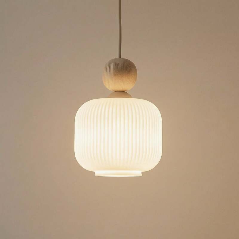 [neuwertig] B-ware Pendelleuchte Ballo Hängelampe Led Dimmbar 1-flammig Weiß Ø15cm E14 Glas Holz