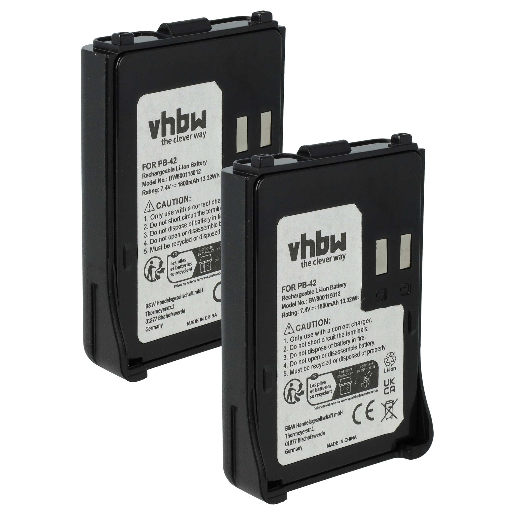Vhbw 2x Akku Ersatz Für Kenwood Pb-42li, Pb-42l, Pb-42 Für Funkgerät, Walkie Talkie (1800 Mah, 7,4 V, Li-ion)