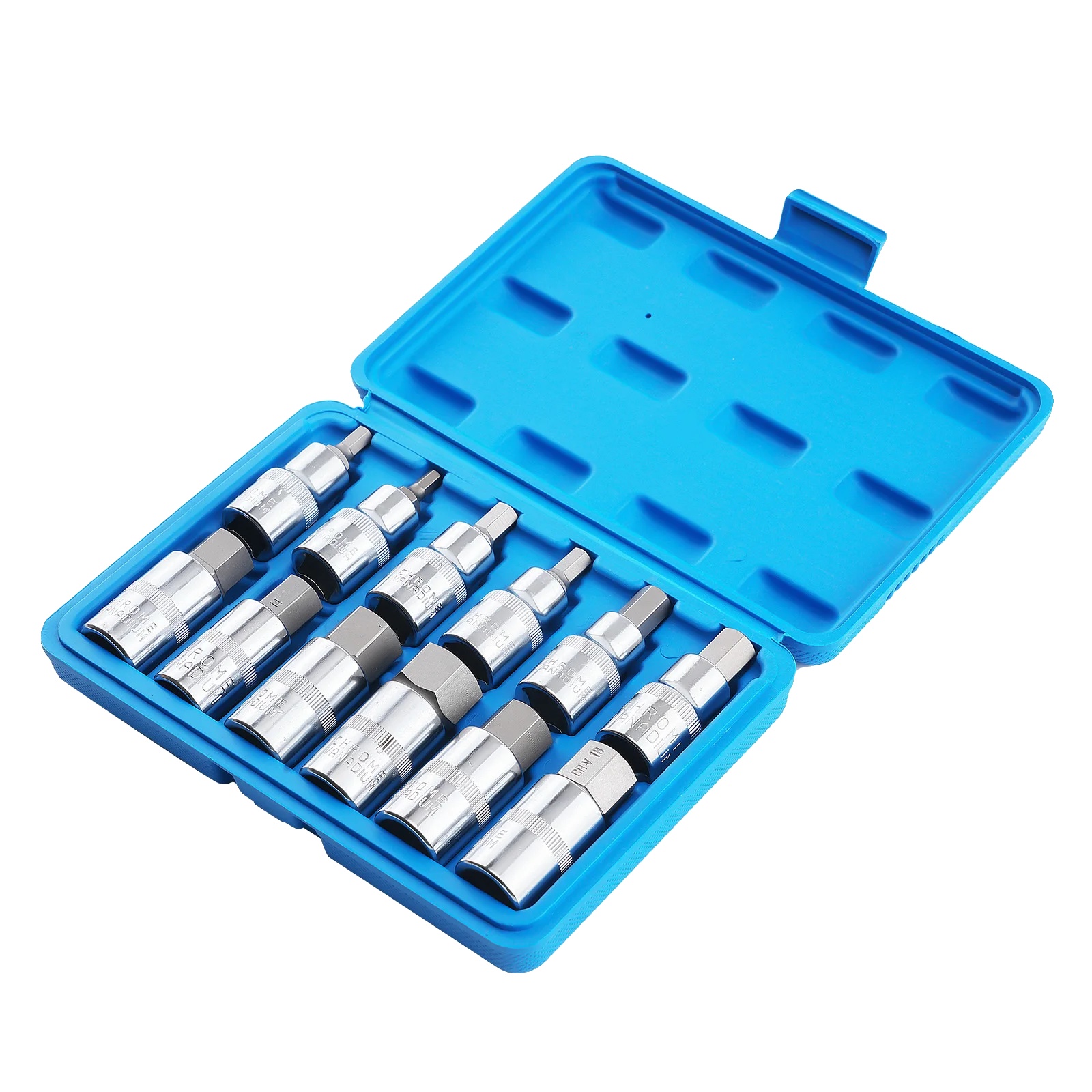 Steckschlüsselsatz, Wärmebehandelter Stahl, 1/2"-vierkantantrieb, 12-teilig, Steckschlüsselgrößen H5-h22, Verchromt