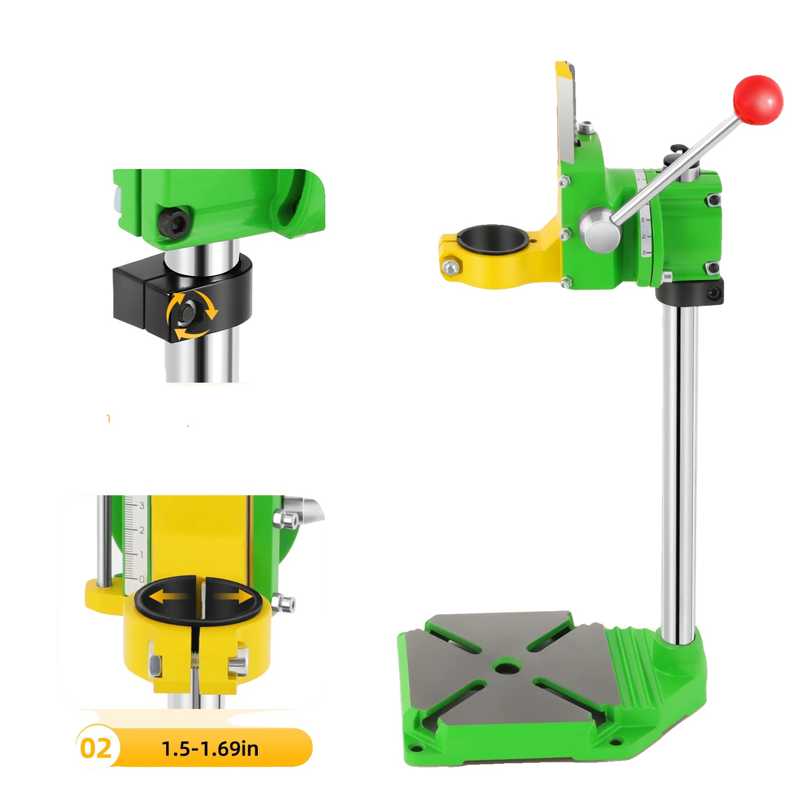 Bohrständer, 90° Drehbar, 49 Cm Hoch, Verstellbares Bohrfutter (1,5 Bis 1,65 Zoll), Stabiler Fuß Mit Schraublöchern, Schwalbenschwanzführung Und Kupferbolzen-design