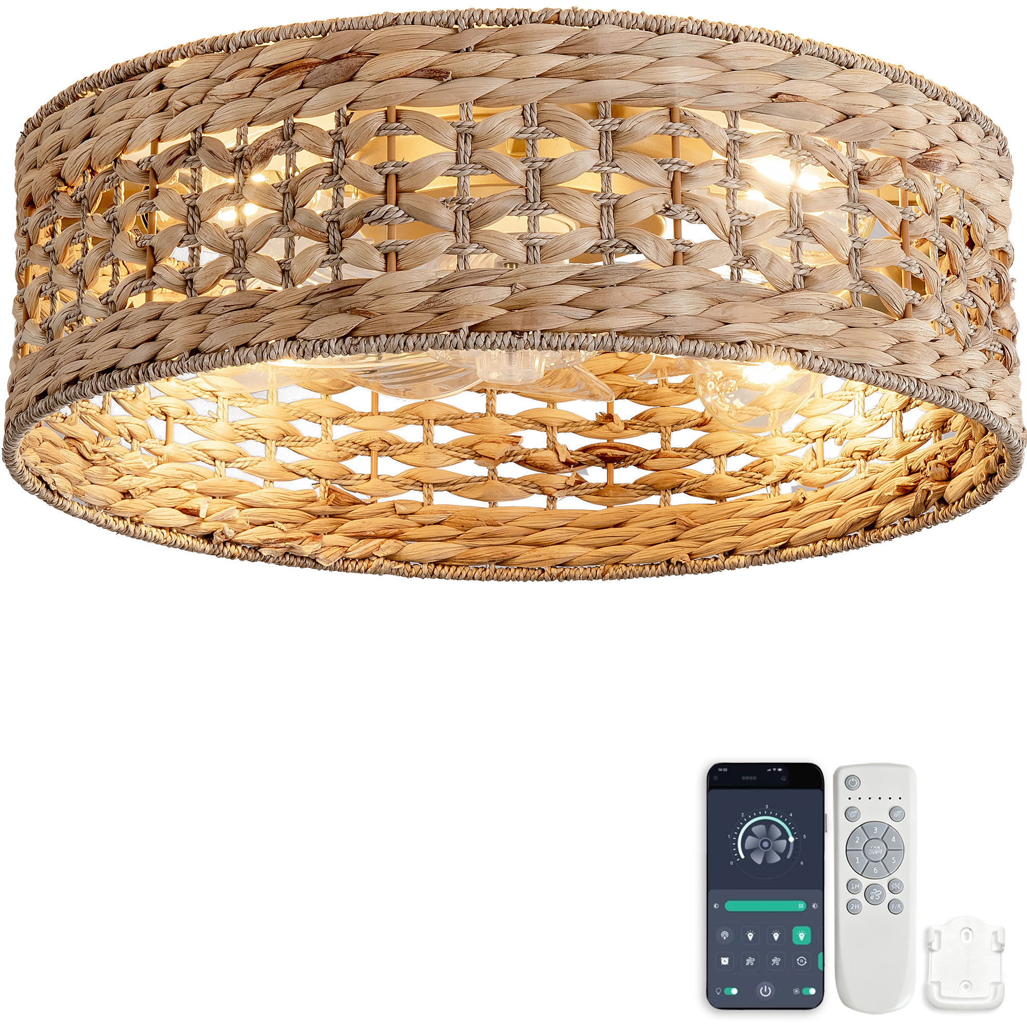19-zoll-deckenventilator Mit Abs-flügeln, Rattan-gitter Und Durchbrochenem Design, Dual Control Via App And Remote Control, Six Speed Settings, Suitable For Low Ceilings And Small Apartments