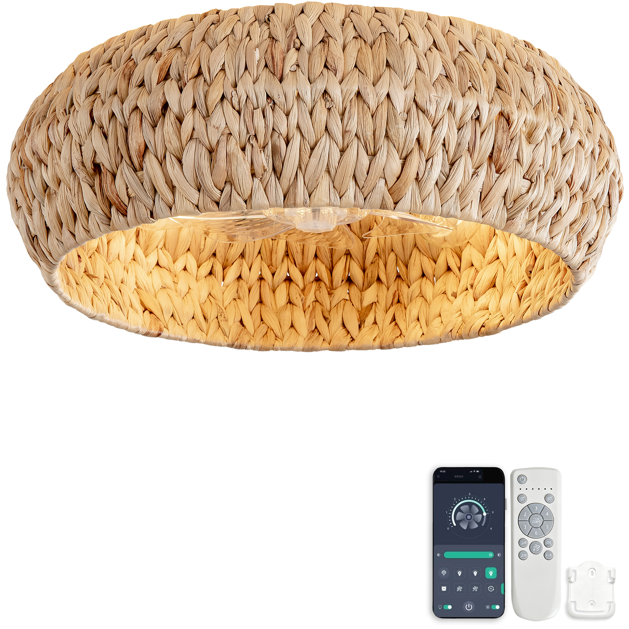 19-zoll-einbau-ventilatorleuchte Mit Abs-flügeln Im Rattan-design, Doppelte Steuerung Über App Und Fernbedienung, Six Fan Speed Settings, Ideal For Small Bedrooms With A Minimalist Rustic Style