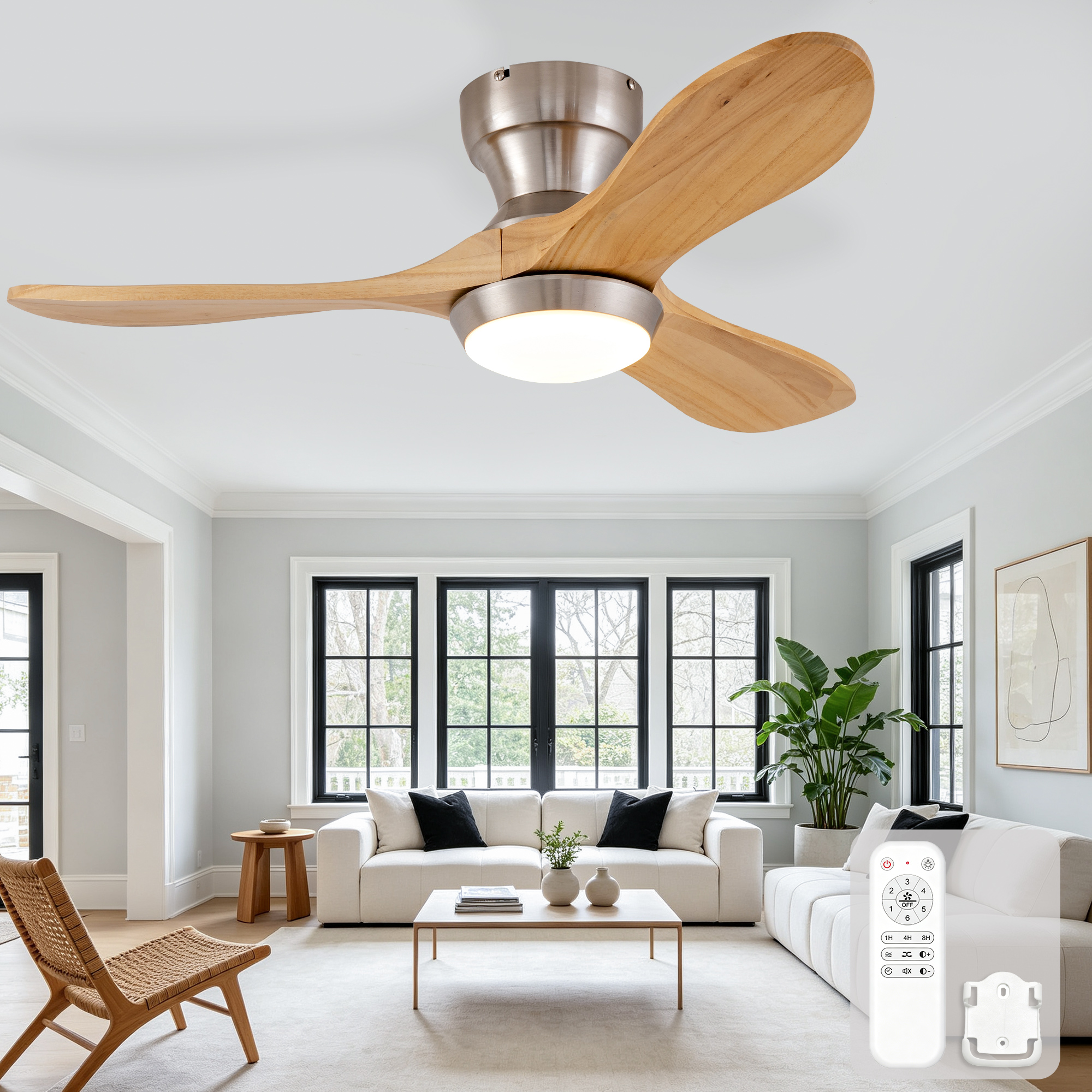 36-zoll-einbau-deckenventilator Mit Beleuchtung Und Fernbedienung, Drei Flügel Aus Massivem Holz Mit Gewölbtem Ende, 3cct, Dimmable, 6-speed Memory Function, Reversible, Noiseless