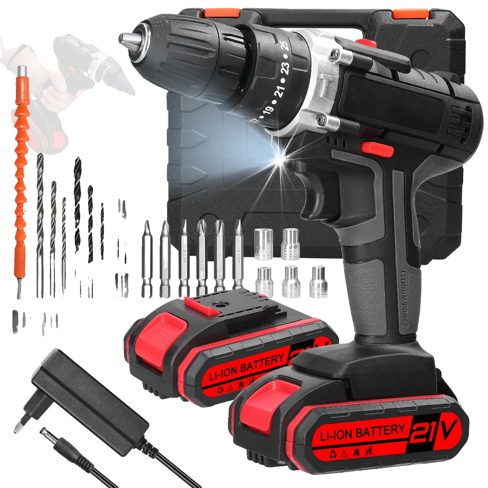 Akku-bohrschrauber, 3-in-1-funktion, 25 Drehmomentstufen, Set B, Eu