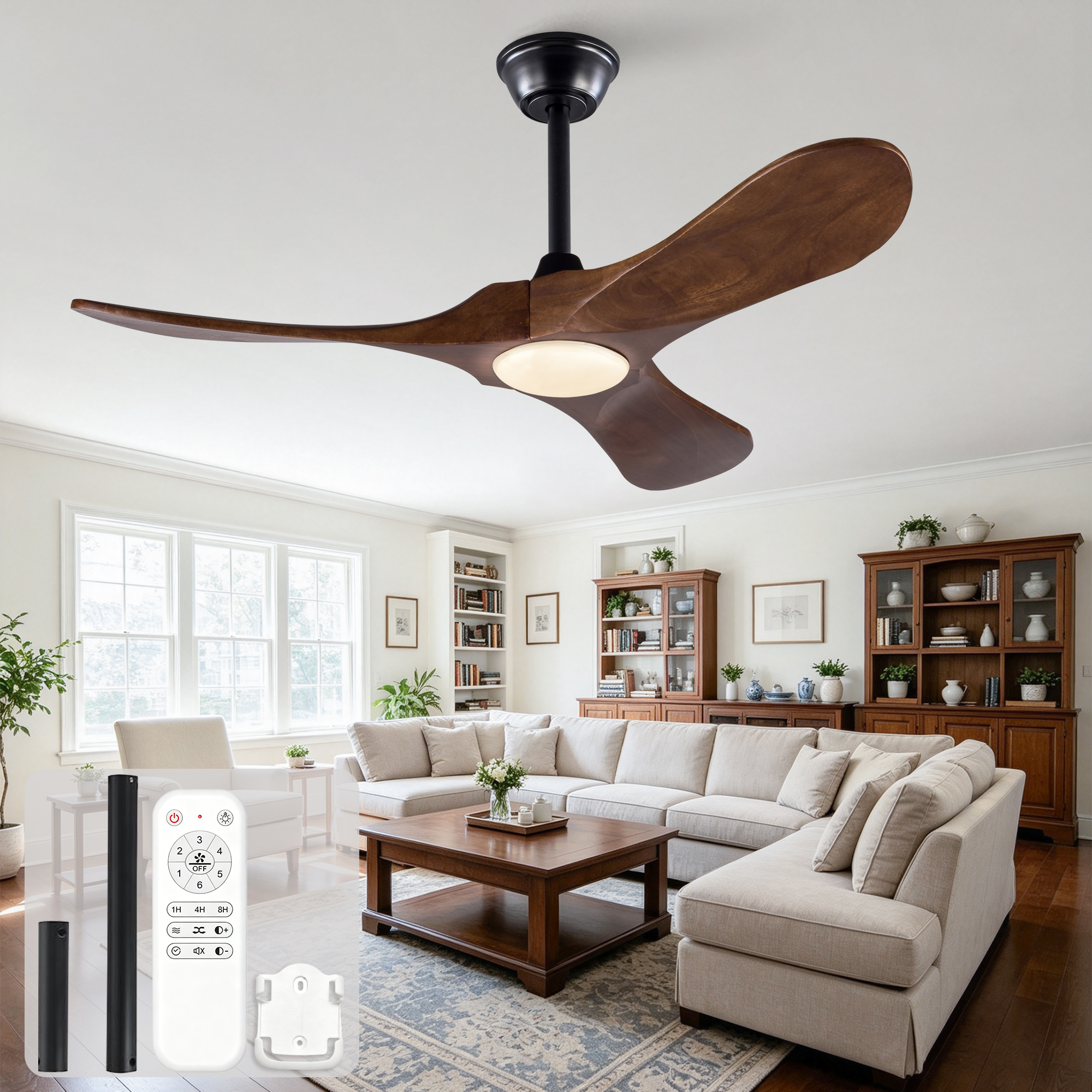 42-zoll-deckenventilator Mit Leuchte, Drei Flügel Aus Massivholz, 3cct, Geräuscharmer Gleichstrommotor, Six-speed Reversible Fan Settings, Living Room And Dining Room