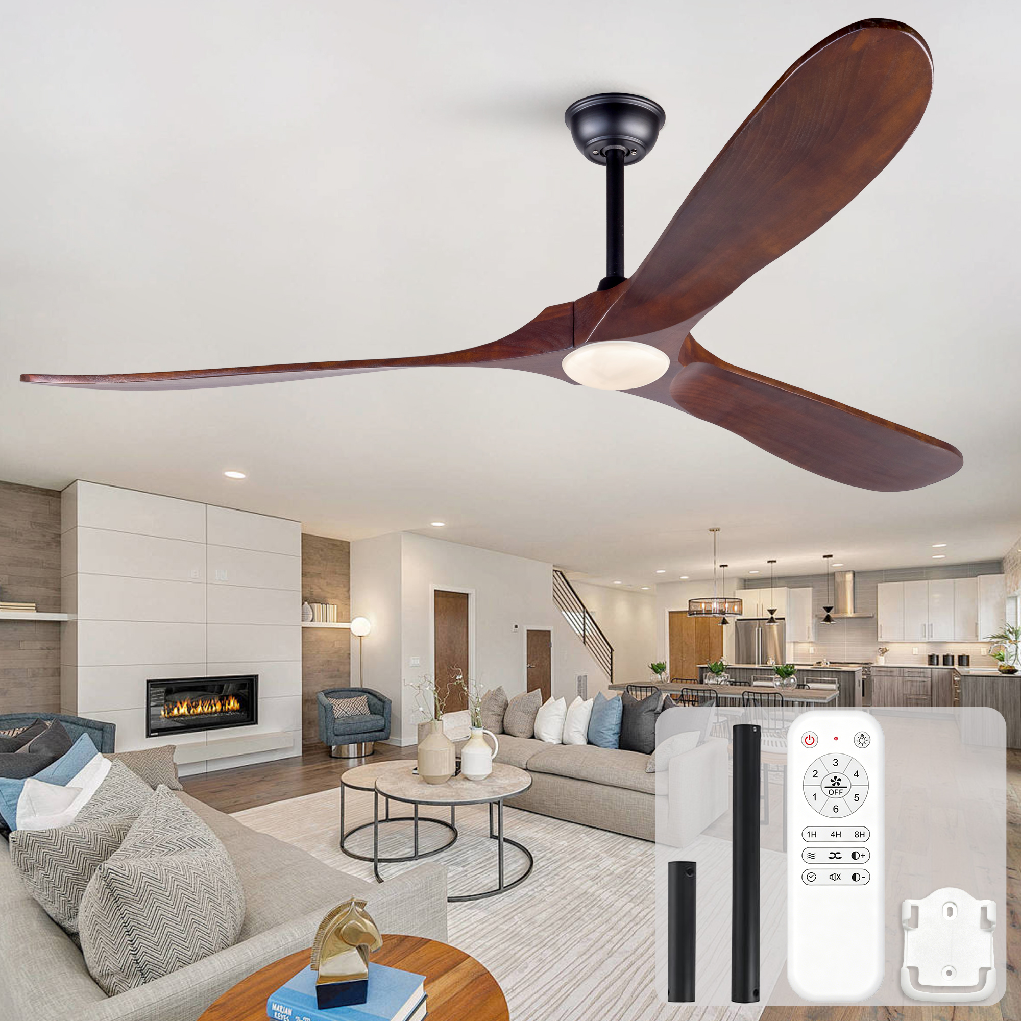 70-zoll-ventilator Mit Beleuchtung Und Fernbedienung, 3 Flügel Aus Massivholz, 3cct, Dimmbar, A Low-noise Dc Motor, And 6 Fan Speed Settings With Memory And Timer Functions