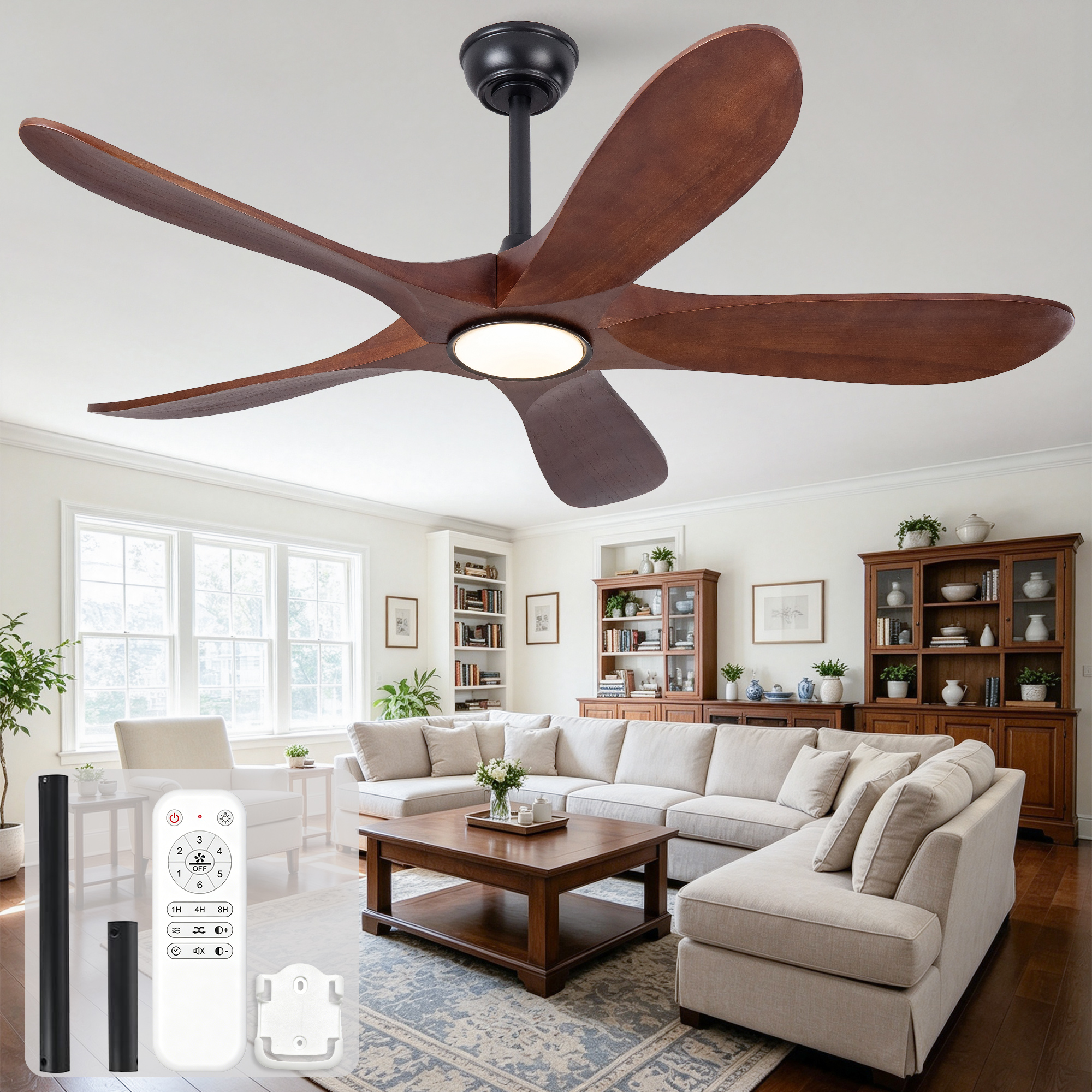 52-zoll-deckenventilator Mit Beleuchtung Und Fernbedienung, Fünf Flügel Aus Massivholz, 3cct, Dimmable, Six Speed Settings, Quiet Operation, Suitable For Bedrooms/ Living Rooms/ Guest Rooms