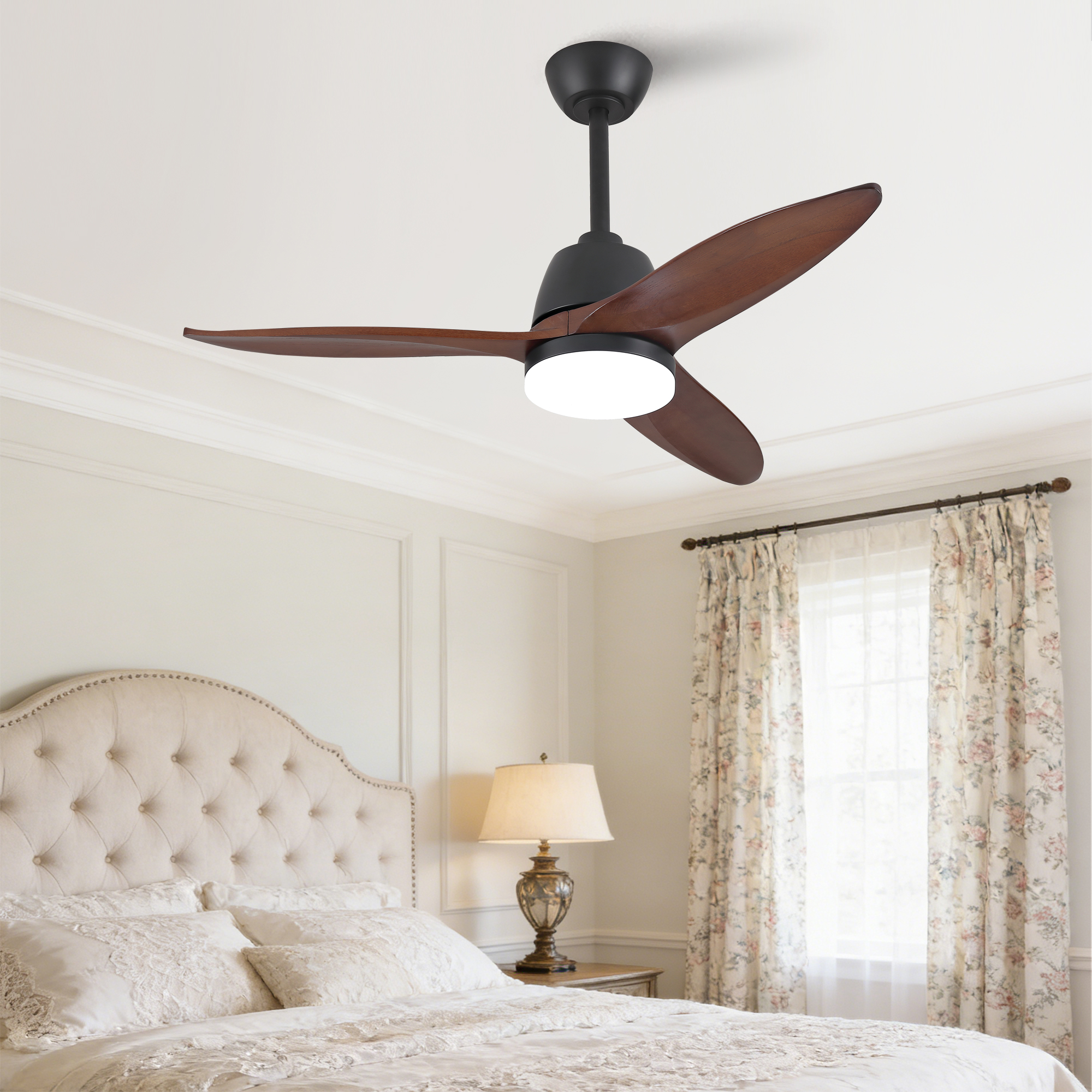 42-zoll Moderner Schwarzer Deckenventilator, Dimmbar In 3 Farbtönen, Massive Holzflügel, Steuergriff, Reversibler Dc-motor, Speicherfunktion, Elegantes Finish Für Die Wohnraumdekoration