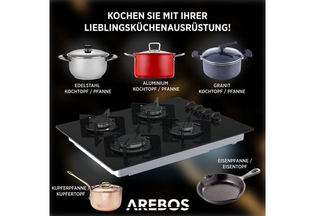 AREBOS Gaskochfeld 4 Flammen Glaskeramik Gasherd Einbauherd Erdgas Propangas