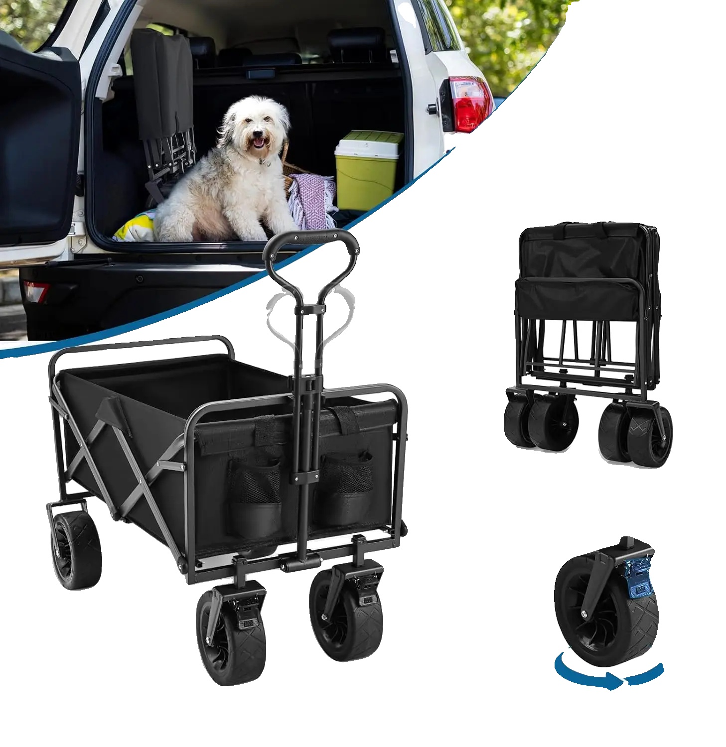 Gartenwagen, 100 L Fassungsvermögen, Geländeräder, Schwarz