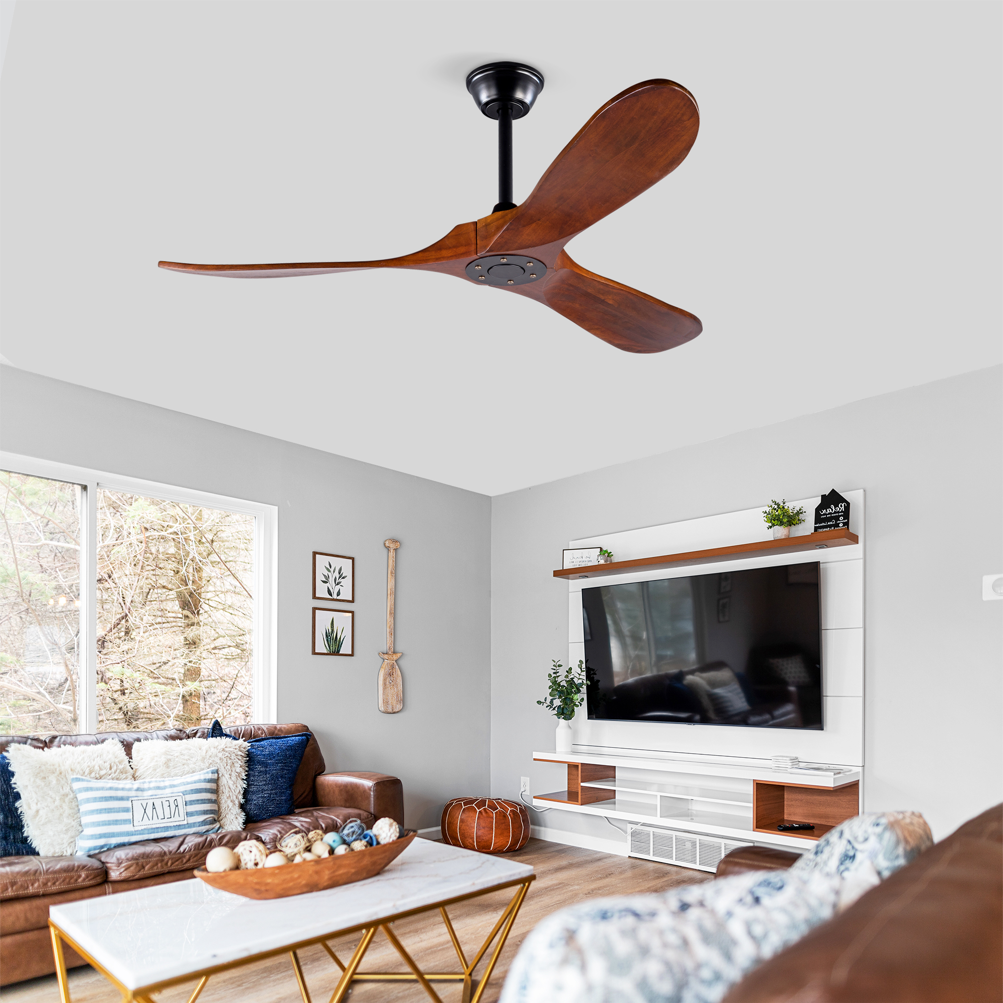 52-zoll Deckenventilator Mit 3 Holzflügeln Und Propeller-design, Speicherfunktion, Fernbedienung, Walnuss-finish, Moderner Innen- Und Außenventilator Für Terrasse, Wohnzimmer Und Schlafzimmer