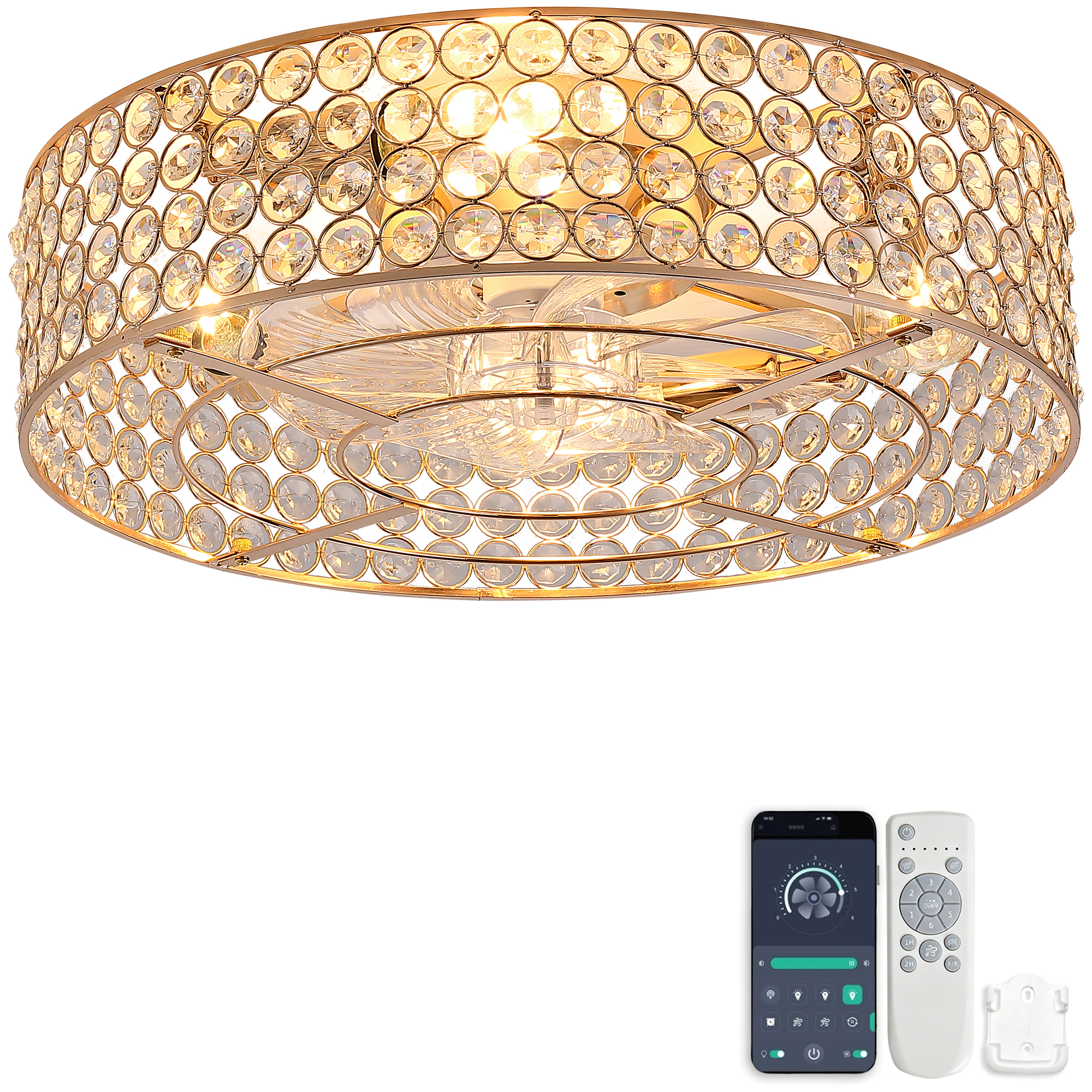 19-zoll-einbau-ventilatorleuchte Mit Goldenen Kristallen, Abs-flügel, Doppelte Steuerung Über App Und Fernbedienung,6 Speed Settings, Reversible, Designed For Low-ceiling Spaces