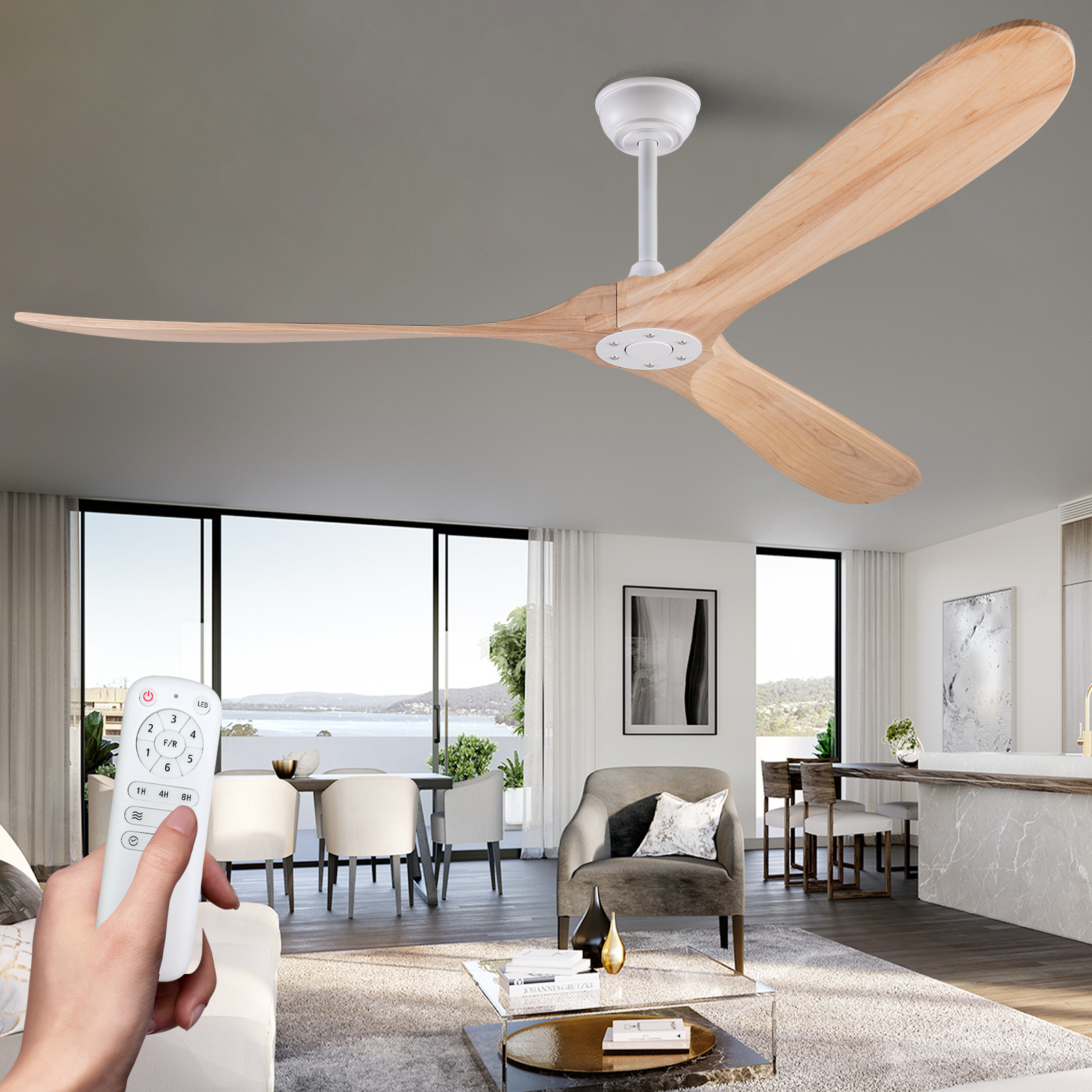 70-zoll-deckenventilator Ohne Licht, Ausführung In Naturholzfarbe, Wasserdichter Extra Großer Holz-deckenventilator Mit Fallrohr, Modernes Mid-century-design Für Terrasse, Wohnzimmer, Garage Und Pavil