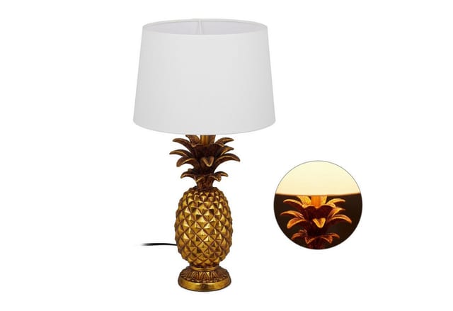 Tischlampe Ananas, moderne Lampe mit Stoffschirm, E27 Fassung, Dekolampe mit Kabel, h x d: 54 x 30 cm, gold - Relaxdays