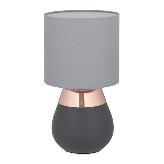 Relaxdays - Nachttischlampe Touch dimmbar, moderne Touch Lampe, 3 Stufen, E14, Tischlampe, HxD: 32,5 x 18 cm, grau-kupfer