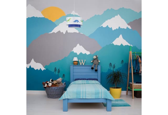 Dino Hängelampe, runder Lampenschirm mit Dinosaurier-Motiv, für Kinder- & Babyzimmer, HxD 126x30 cm, weiß-blau - Relaxdays