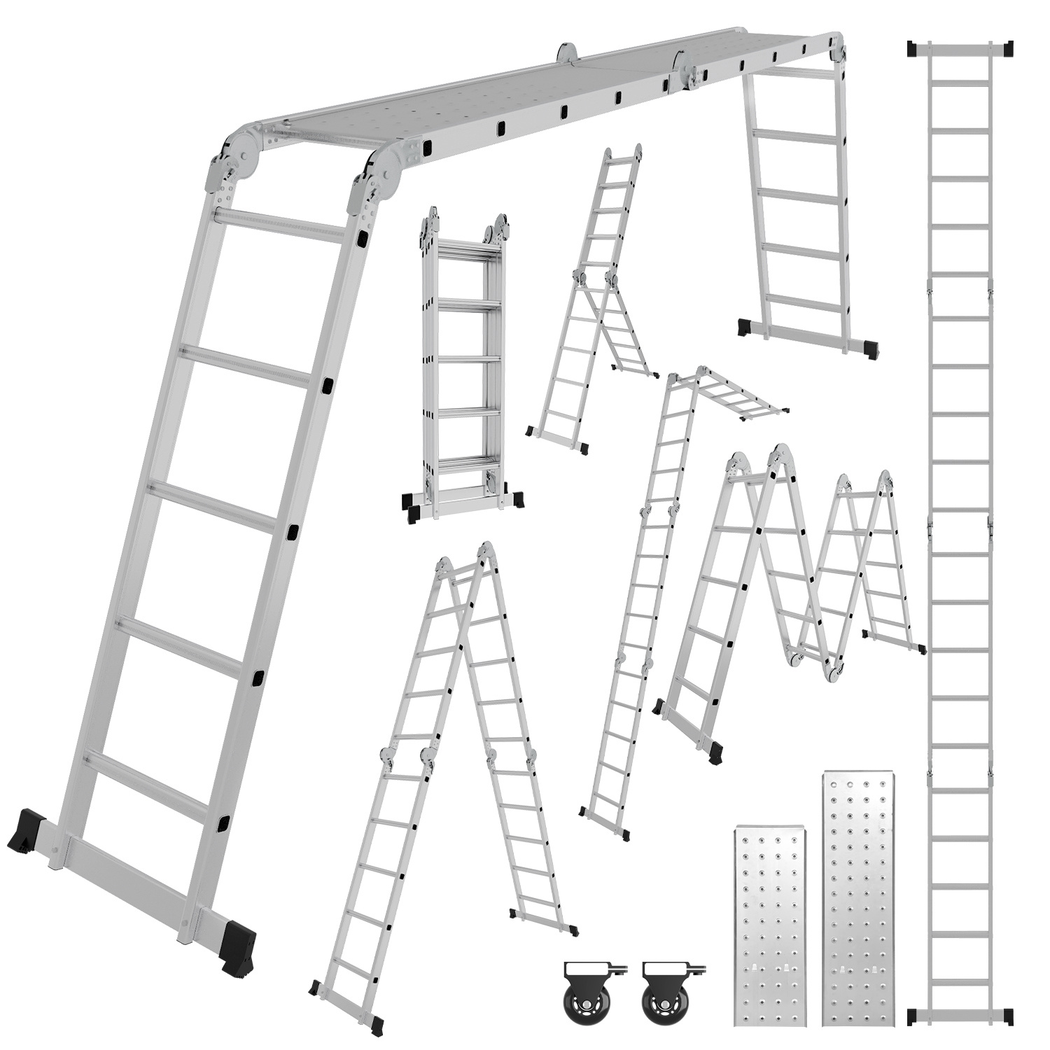 Randaco Mehrzweckleiter Multifunktionsleiter 7in1 4x5 Stufen, Ca. 580cm / 5.8m, Alu Gelenkleiter Mit 2 Plattformen, 2 Rollen, Max. Belastbarkeit 150 Kg