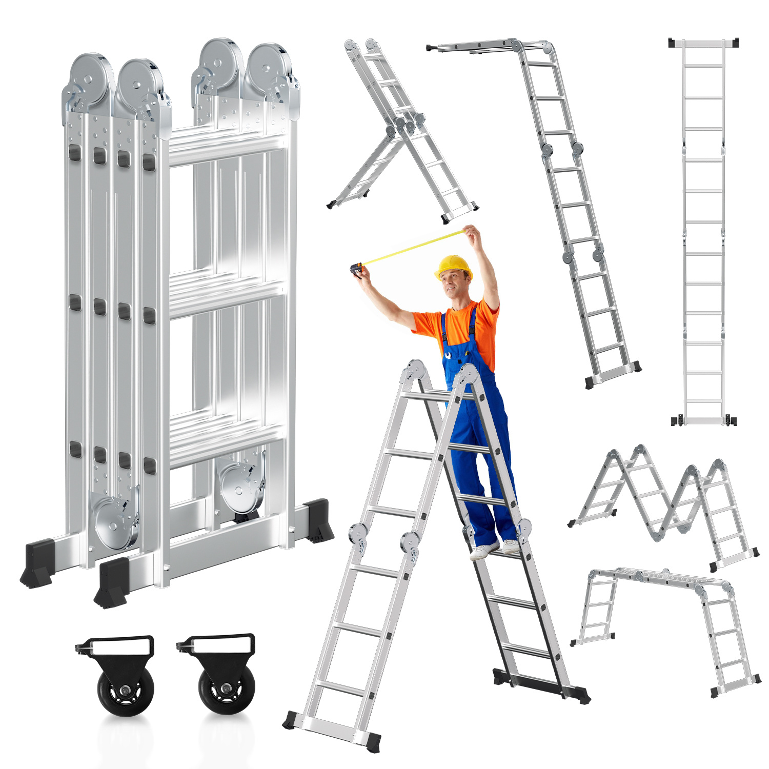 Randaco Mehrzweckleiter Multifunktionsleiter 7in1 4x3 Stufen, Ca. 360cm / 3.6m, Alu Gelenkleiter Mit 2 Plattformen, 2 Rollen, Max. Belastbarkeit 150 Kg