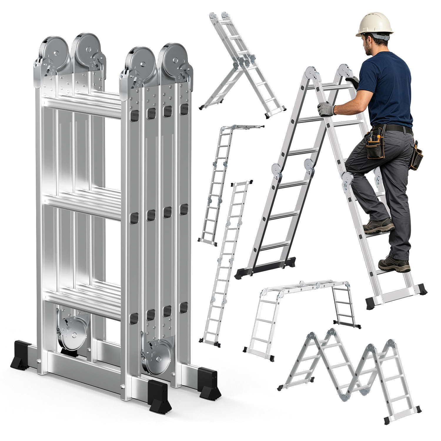 Randaco 7in1 Mehrzweckleiter 4x3 Stufen Aus Aluminium, Ca. 360cm / 3.6m, Multifunktions-gelenkleiter, Klappleiter & Stehleiter, Max. Belastbarkeit 150 Kg