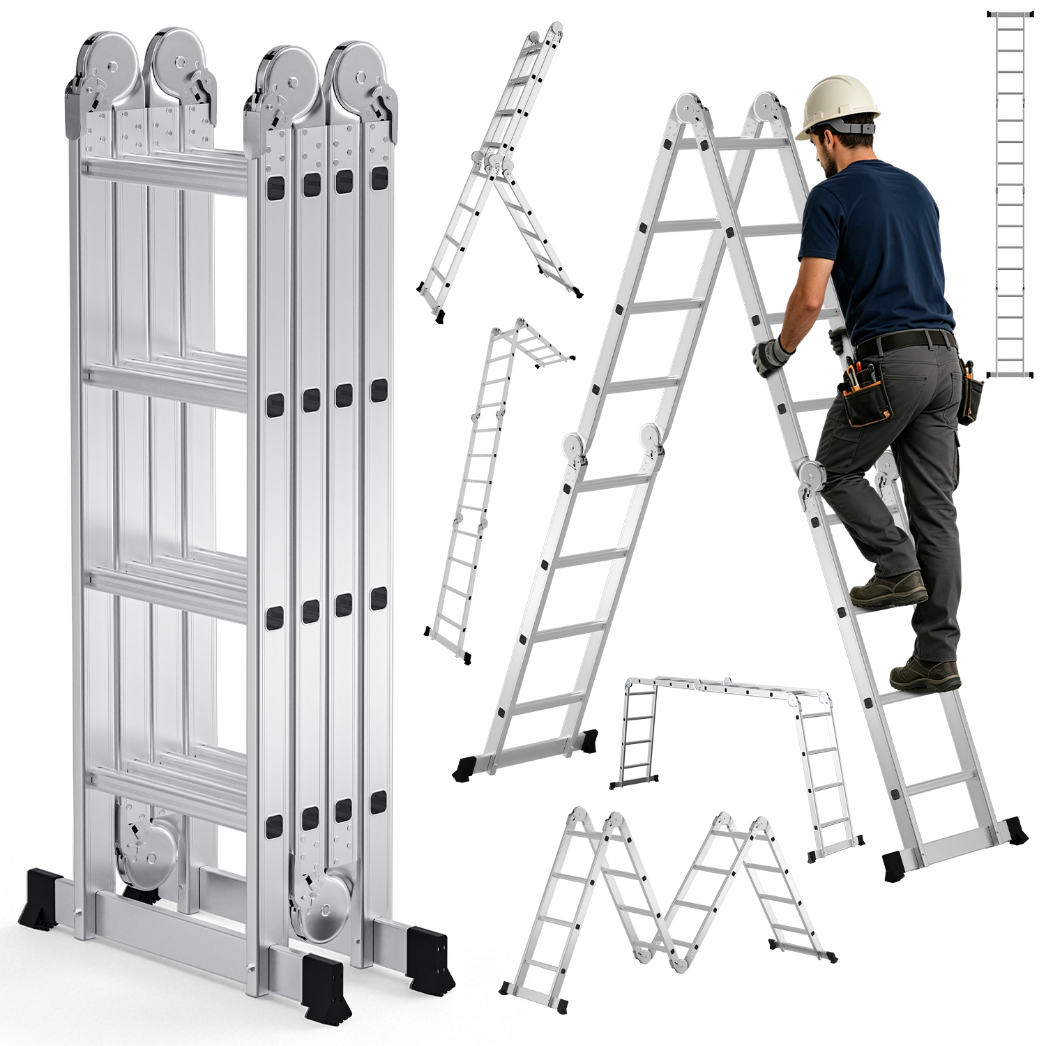 Randaco 7in1 Mehrzweckleiter 4x4 Stufen Aus Aluminium, Ca. 470cm / 4.7m, Multifunktions-gelenkleiter, Klappleiter & Stehleiter, Max. Belastbarkeit 150 Kg