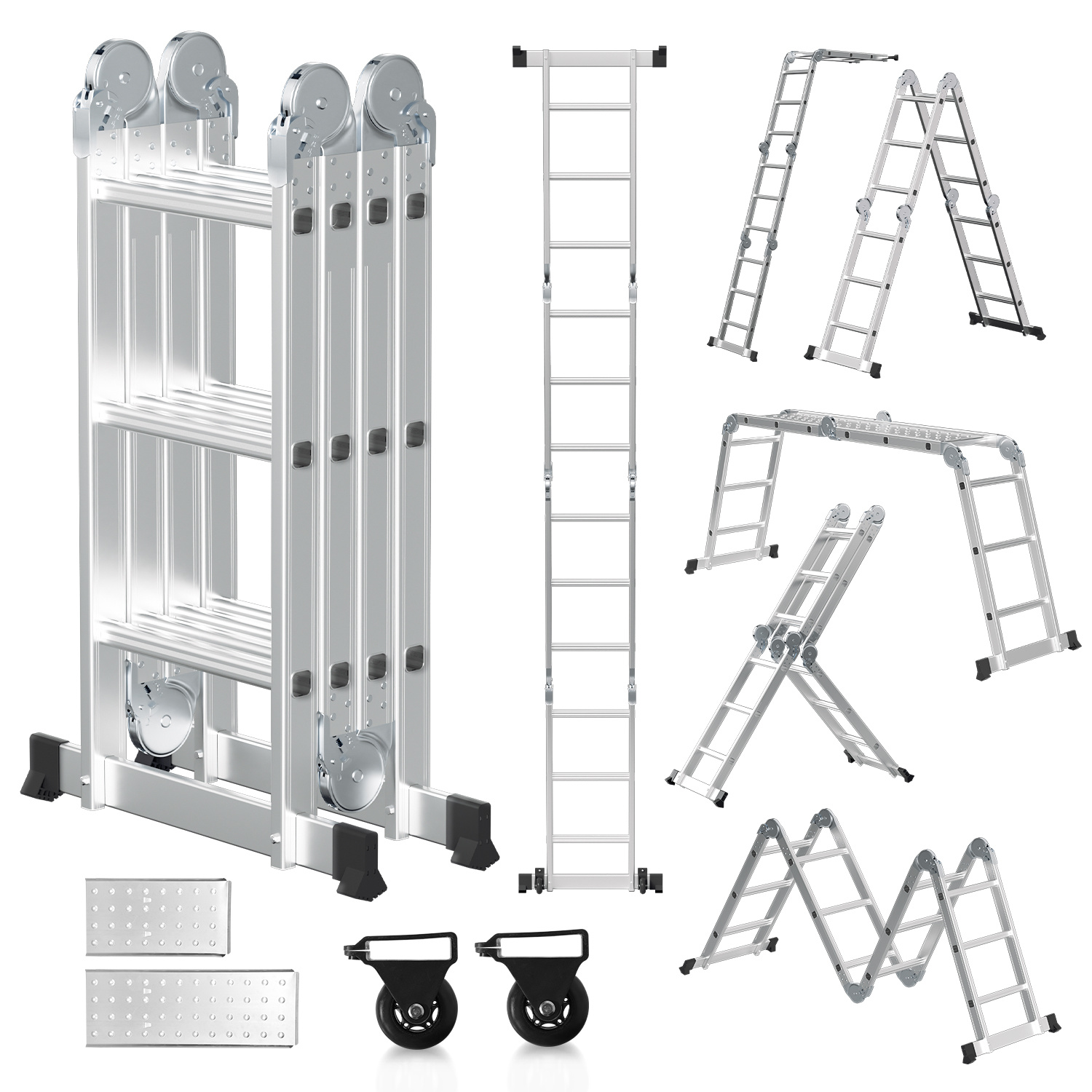 Randaco Mehrzweckleiter 7in1 Aluminium 4x3 Stufen, Ca. 360cm / 3.6m, Gelenkleiter Klappleiter Mit 2 Plattformen + 2 Rollen, Max. Belastbarkeit 150 Kg
