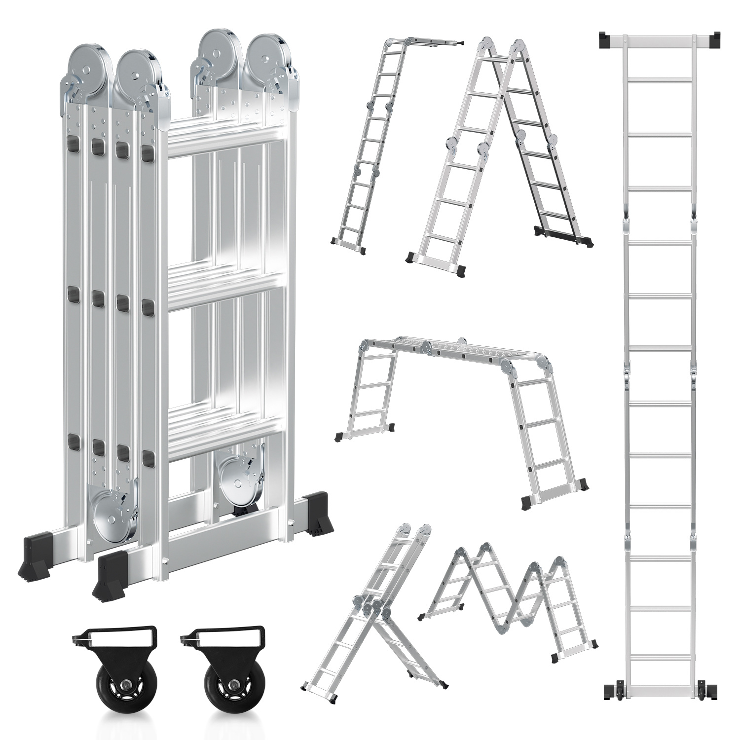 Randaco Aluminium Mehrzweckleiter 7in1 4x3 Stufen, Ca. 360cm / 3.6m, Klappleiter Gelenkleiter Mit Plattformen, Rollen & Anti-rutsch, Max. Belastbarkeit 150 Kg
