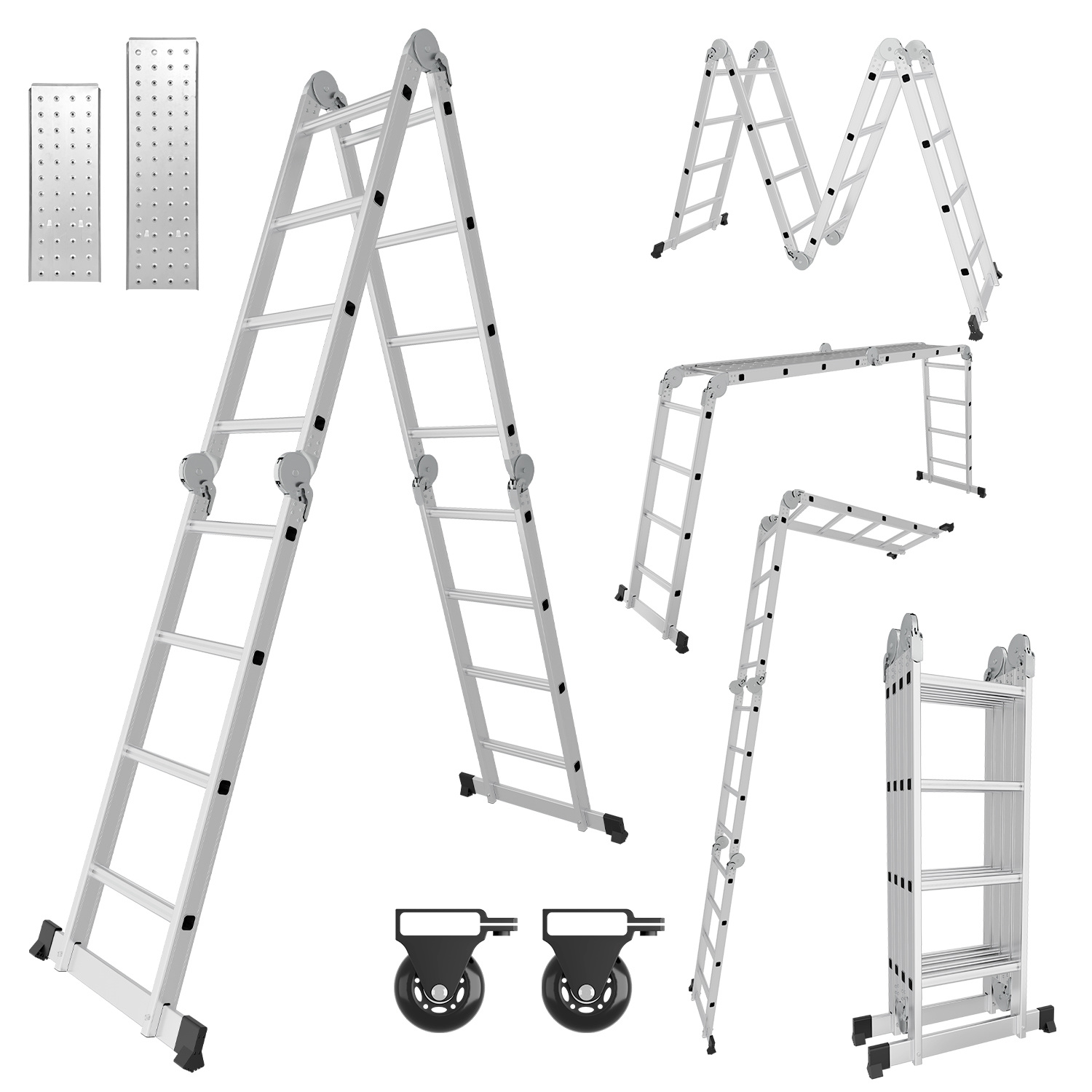 Randaco 7in1 Alu Mehrzweckleiter 4x4 Stufen, Ca. 470cm / 4.7m, Gelenk- & Klappleiter Mit 2 Plattformen Und Transportrollen, Max. Belastbarkeit 150 Kg