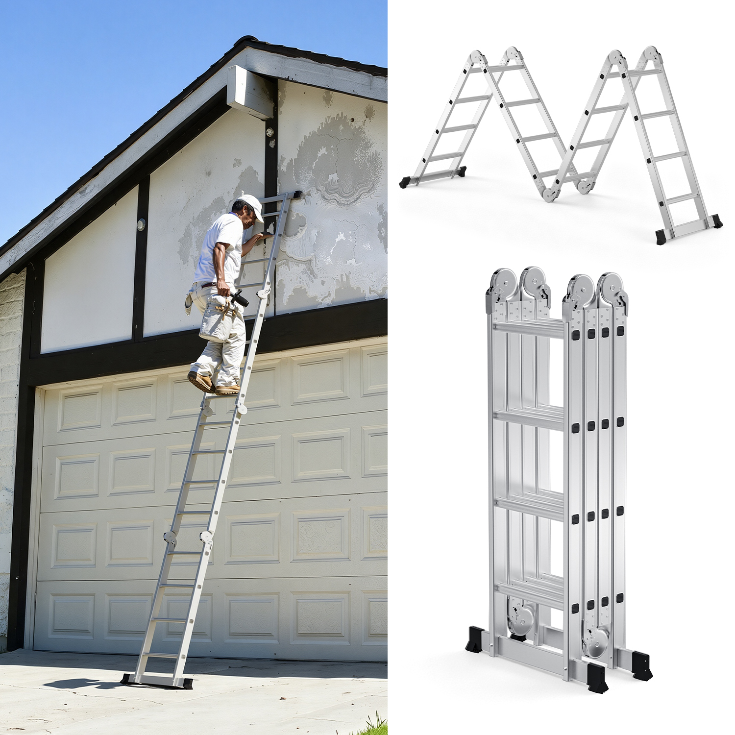 Randaco Mehrzweckleiter 7in1 Aluminium 4x4 Stufen, Ca. 470cm / 4.7m, Gelenkleiter Klappleiter Anlegeleiter Stehleiter, Max. Belastbarkeit 150 Kg, Silber
