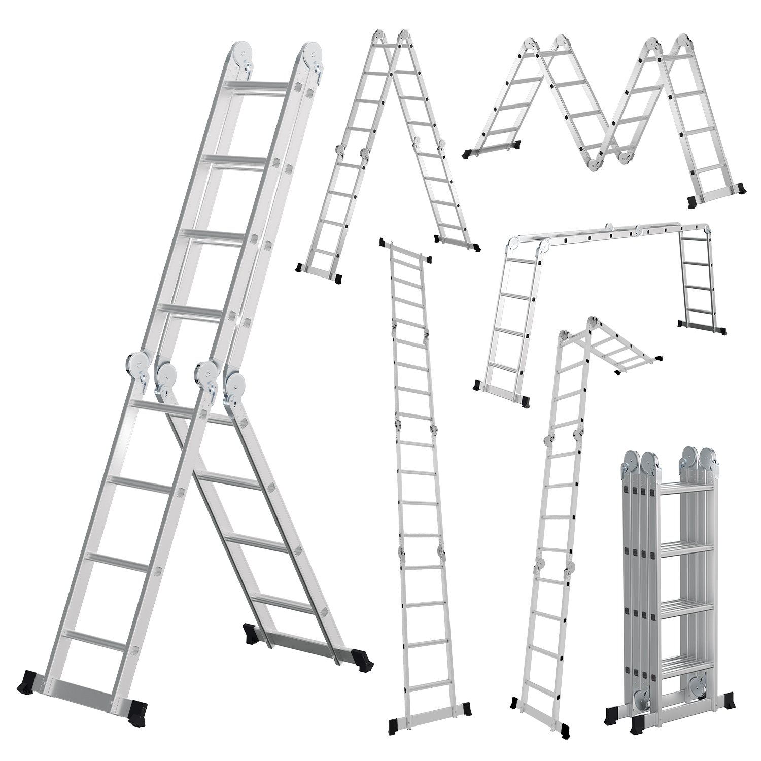 Randaco Aluminium Mehrzweckleiter 7in1 4x4 Stufen, Ca. 470cm / 4.7m, Klappbare Gelenkleiter Für Haus & Werkstatt, Anlegeleiter, Max. Belastbarkeit 150 Kg