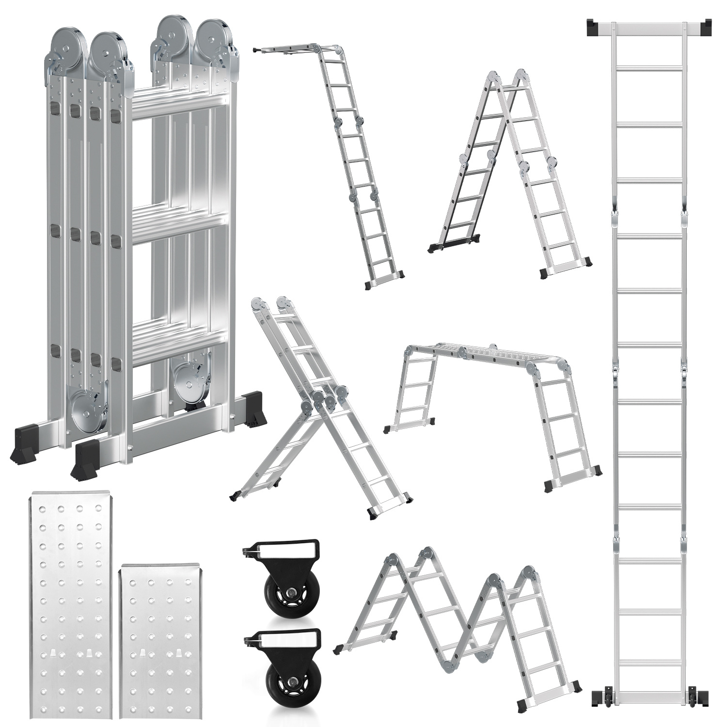 Randaco 7in1 Alu Mehrzweckleiter 4x3 Stufen, Ca. 360cm / 3.6m, Gelenk- & Klappleiter Mit 2 Plattformen Und Transportrollen, Max. Belastbarkeit 150 Kg