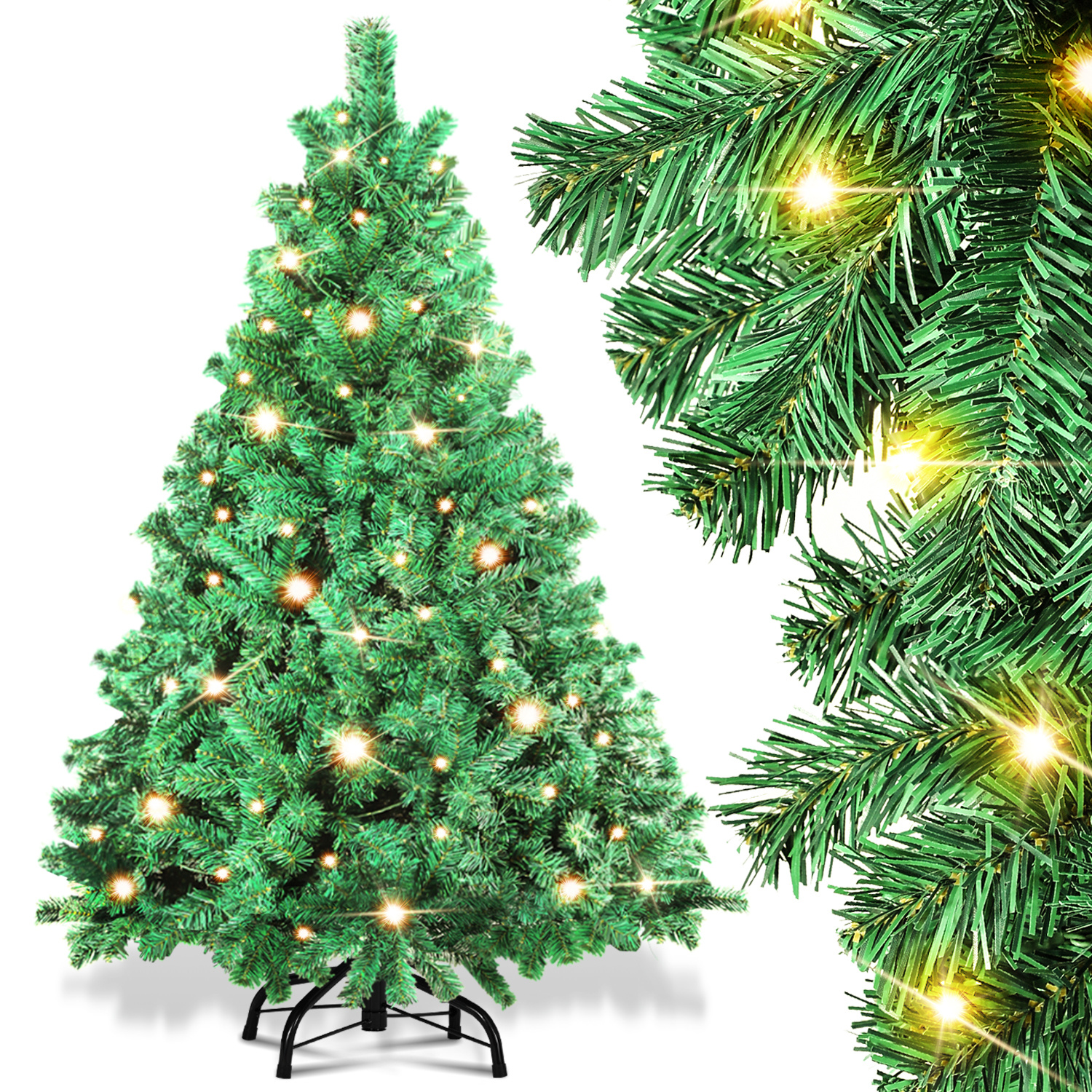 Randaco 120cm Künstlicher Weihnachtsbaum Mit Led-beleuchtung 150 Leds Warmweiß Inkl. Metallfuß Mit 340 Spitzen Christbaum Tannenbaum Pvc Grün