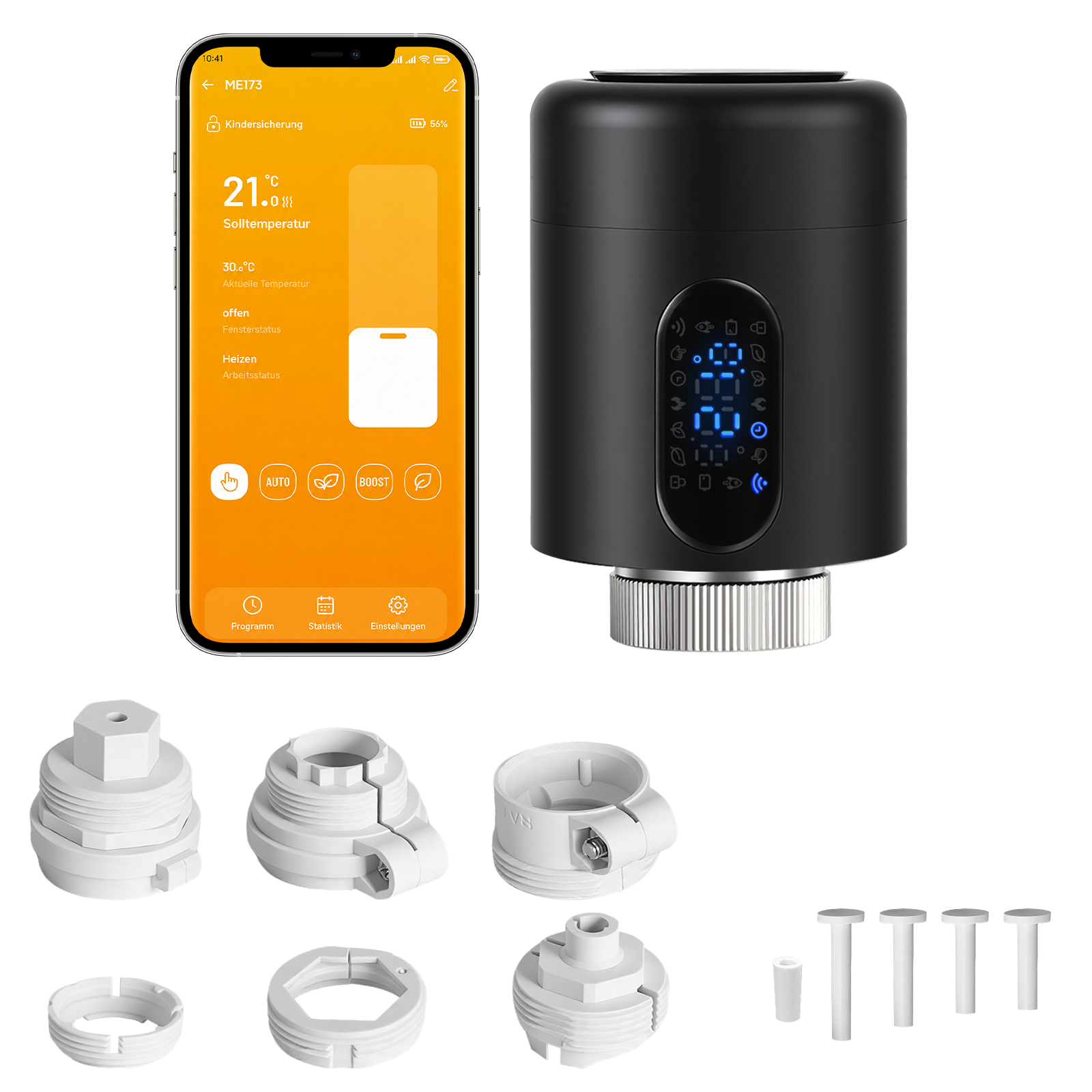 Randaco Smartes Heizkörperthermostat Wifi, App-steuerung, Smart Life/tuya, 7 Ventiladapter Je Thermostat, Schwarz, 1 Stück