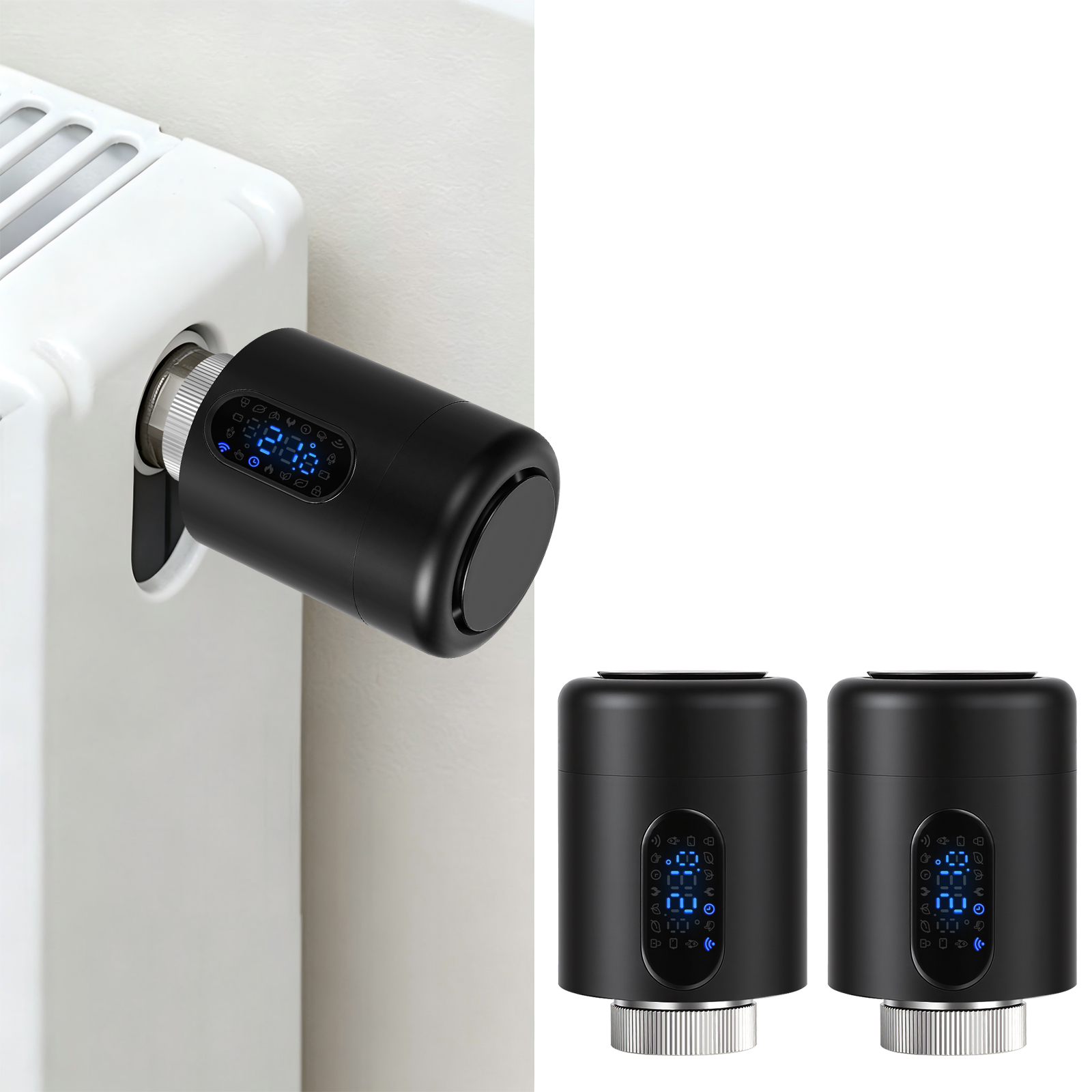 Randaco Smartes Heizkörperthermostat Wifi, App-steuerung, Smart Life/tuya, 7 Ventiladapter Je Thermostat, Schwarz, 2er-set