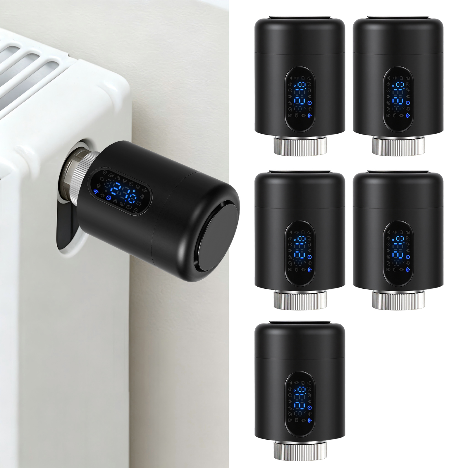Randaco Smartes Heizkörperthermostat Wifi, App-steuerung, Smart Life/tuya, 7 Ventiladapter Je Thermostat, Schwarz, 5er-set