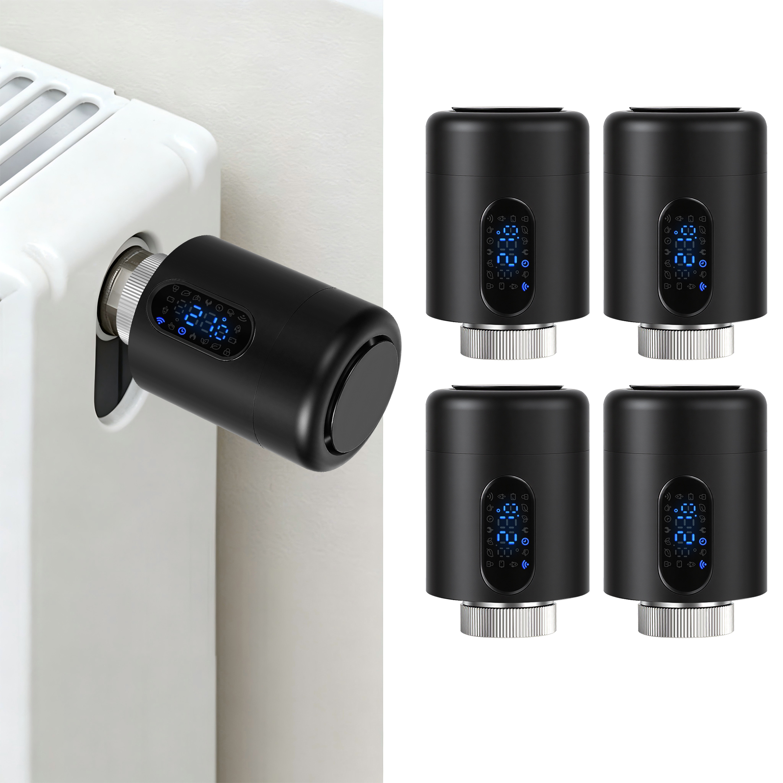 Randaco Smartes Heizkörperthermostat Wifi, App-steuerung, Smart Life/tuya, 7 Ventiladapter Je Thermostat, Schwarz, 4er-set